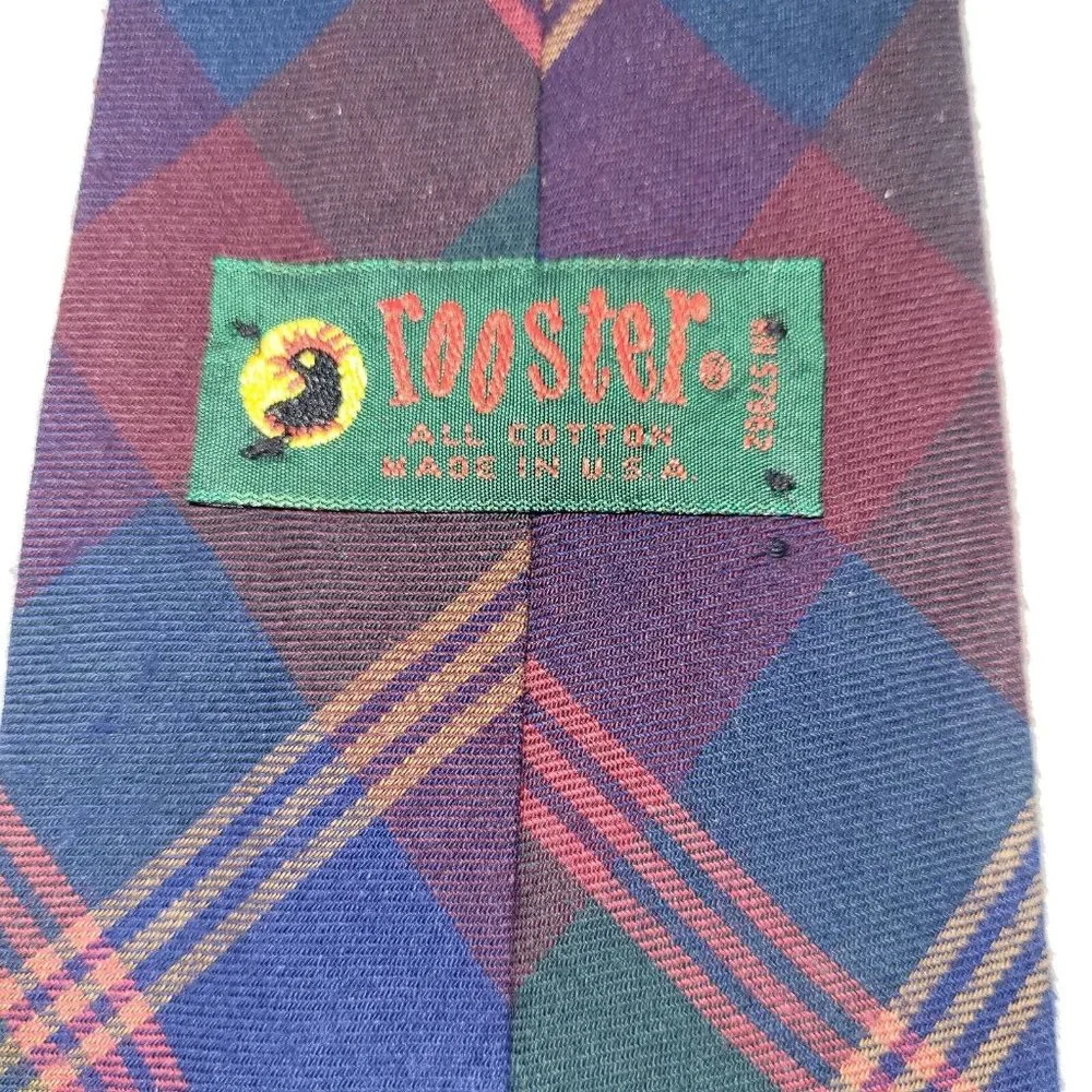 Rooster Mens Tie Cotton Flannel Handmade‎ Plaid Print Necktie Made in USA